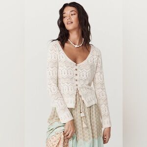 Spell “Siesta” ivory Pointelle cotton linen button down boho cardigan top 3XL